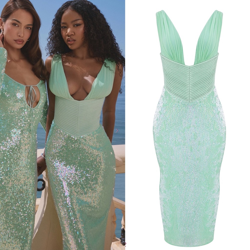 House of CB THALA Seafoam Sequin Corset Midi Dress